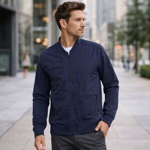 Public Rec Bomber Jacket Mens Large Navy Blue‎ Nylon Spandex Minimalist Gorpcore
